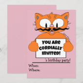 Cartoon Cat Girl's Birthday Party Invitation roze Kaart (Voorkant / Achterkant)