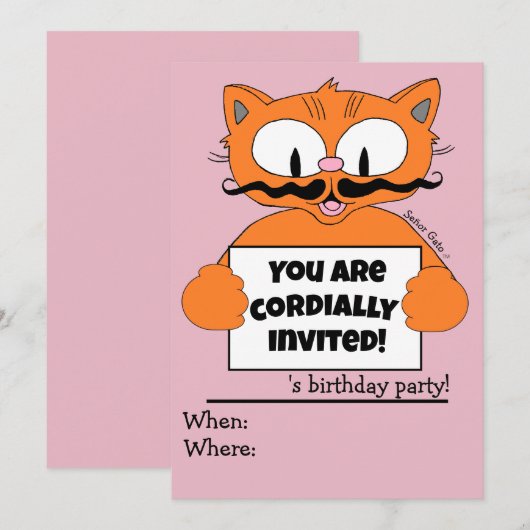 Cartoon Cat Girl's Birthday Party Invitation roze Kaart (Voorkant / Achterkant)