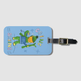 Cartoon Cat Going Skiing Kid Blue Luggage Tag Bagagelabel