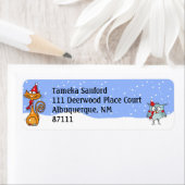 Cartoon Cat & Owl, sneeuw, Winteradres Terug Etiket (Insitu)