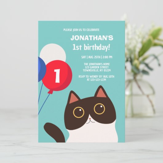 Cartoon Cat Rainbow Balloon Kids Verjaardag Kaart (Staand voorkant)