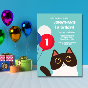 Cartoon Cat Rainbow Balloon Kids Verjaardag Kaart