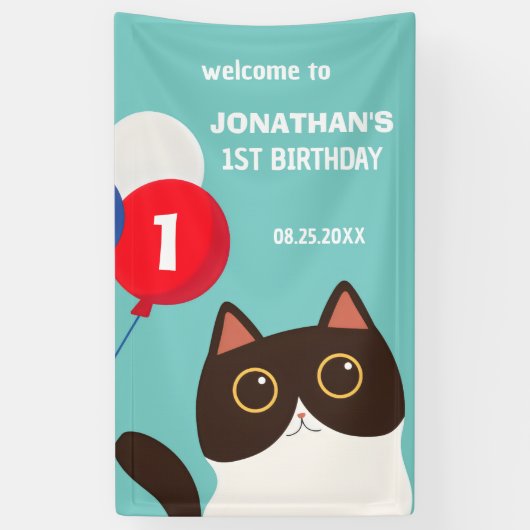 Cartoon Cat Rainbow Balloon Kids Verjaardag Welkom Spandoek (Verticaal)