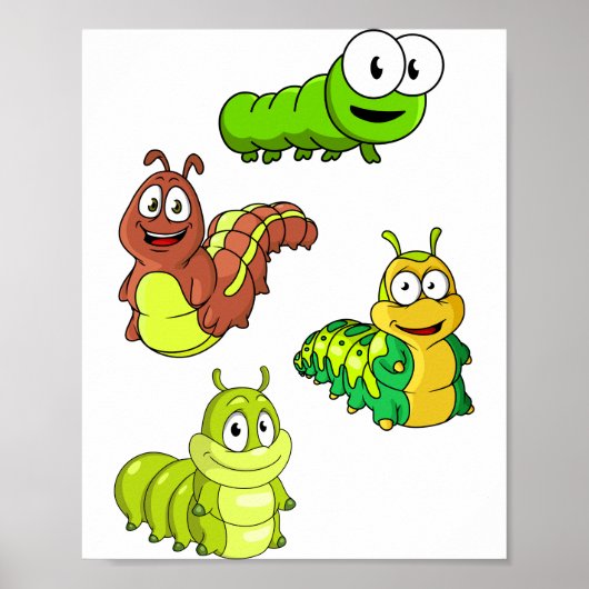 Cartoon Caterpilars Green Yellow Brown Poster (Voorkant)
