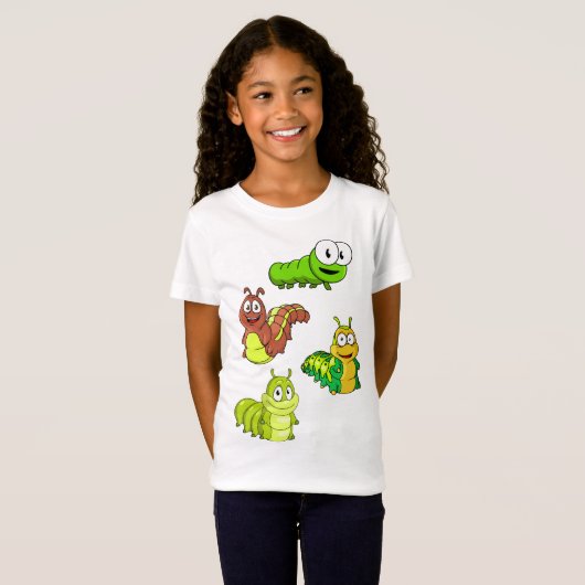Cartoon Caterpilars Green Yellow Brown T-shirt (Voorkant volledig)