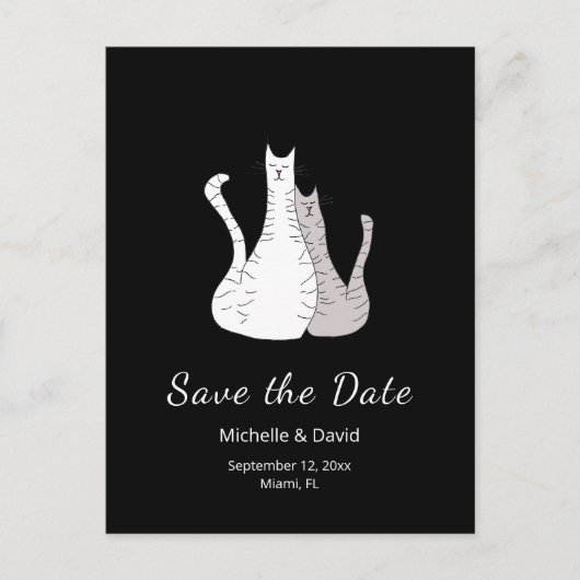 Cartoon Cats Tekening Bruiloft Save the Date Zwart Aankondigingskaart (Voorkant)