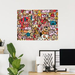 Cartoon Character Hand Drawn Toss Pattern Poster