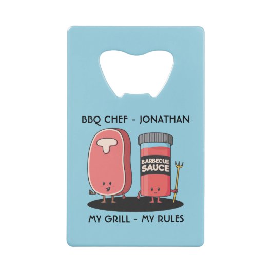 Cartoon Characters Steak & Sauce Custom BBQ Chef Creditkaart Flessenopener (Voorkant)