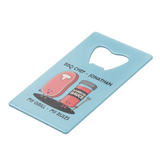 Cartoon Characters Steak & Sauce Custom BBQ Chef Creditkaart Flessenopener (Voorkant Gekanteld)