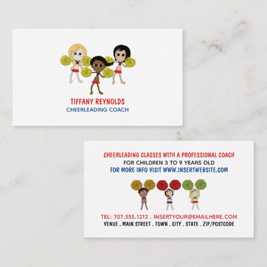 Cartoon Cheerleader Design, Cheerlead Coach Visitekaartje (Voorkant / Achterkant)