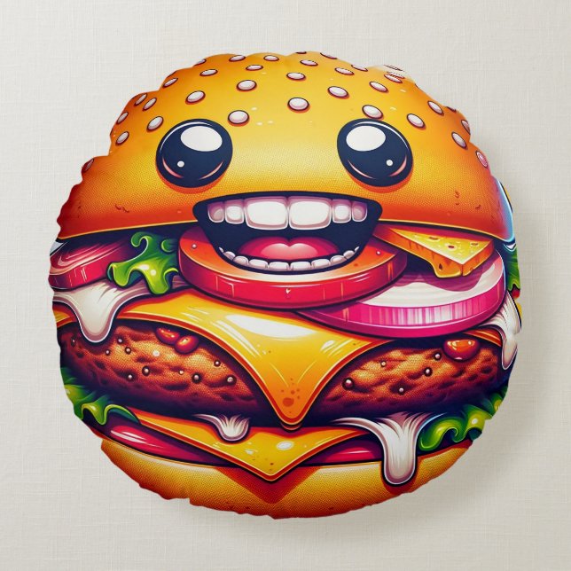 Cartoon Cheeseburger Rond Kussen - Whimsical (Voorkant)