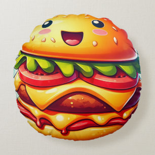 Cartoon Cheeseburger Rond Kussen - Whimsical