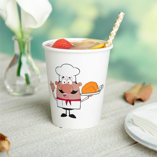 Cartoon Chef Holding Roast Turkije Papieren Bekers