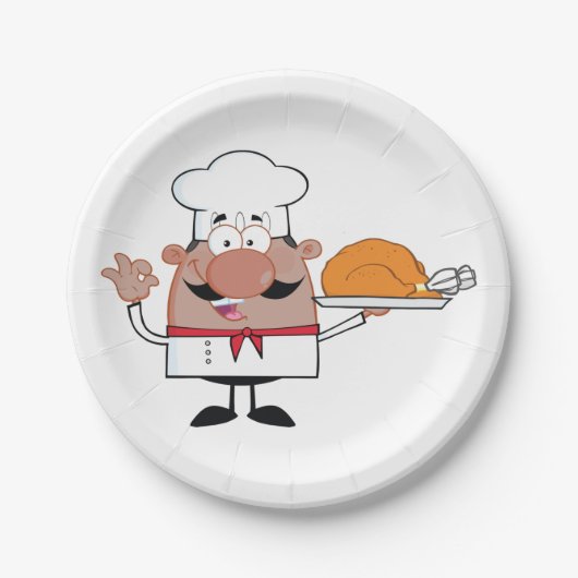 Cartoon Chef Holding Roast Turkije Papieren Bordje (Voorkant)