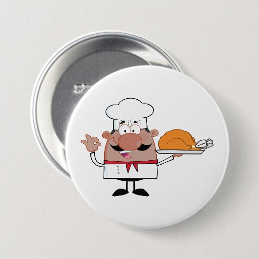 Cartoon Chef Holding Roast Turkije Ronde Button 7,6 Cm (Voorkant /achterkant)
