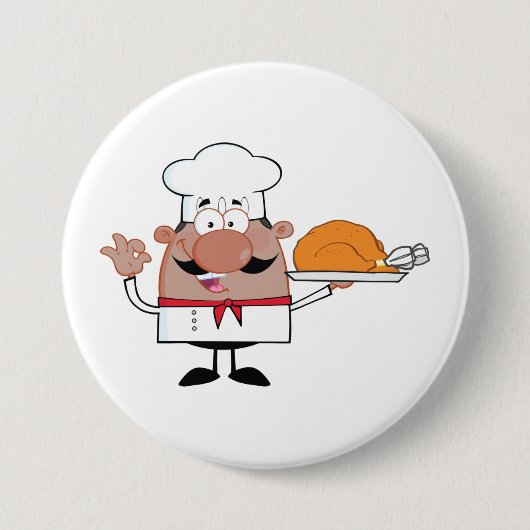 Cartoon Chef Holding Roast Turkije Ronde Button 7,6 Cm (Voorkant)