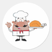 Cartoon Chef Holding Roast Turkije Ronde Sticker (Voorkant)