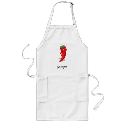 Cartoon chili peper met aangepaste naam lang schort (Voorkant)