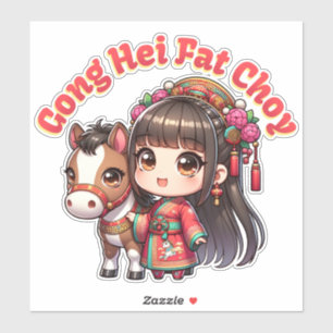 Cartoon Chinees Nieuwjaar Paard en Meisje Sticker