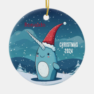 Cartoon Christmas Narwhal gepersonaliseerd Ornamen Keramisch Ornament
