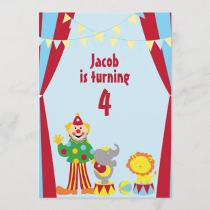 Cartoon Circus Clown and Animals Party Invitation Kaart