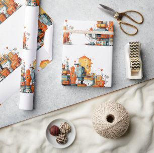 Cartoon City Skyline Wrapping Paper - Geanimeerd Cadeaupapier