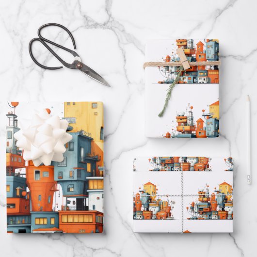 Cartoon City Wrapping Paper – kleurrijke animatie (Voorkant)