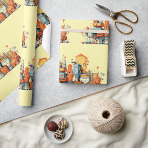 Cartoon City Wrapping Paper – Speels Geel Urban Cadeaupapier