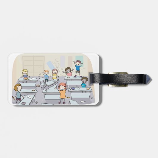 Cartoon Classroom Chaos With Wild Students Bagagelabel (Achterkant horizontaal)