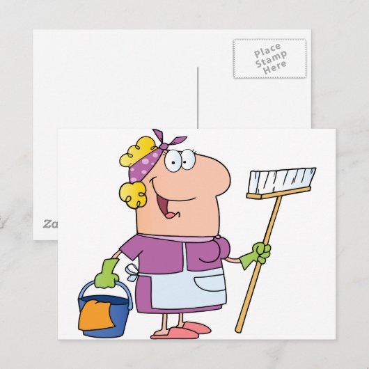 Cartoon Cleaning Lady Briefkaart (Voorkant / Achterkant)