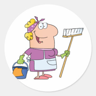 Cartoon Cleaning Lady Ronde Sticker