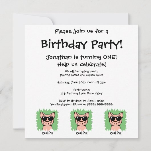 Cartoon Clip Art Cool Pig Sunbribril Boy Birthday Kaart (Achterkant)