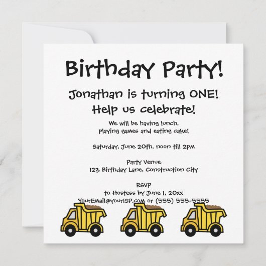 Cartoon Clip Art Dump Truck Boy Birthday Party Kaart (Achterkant)