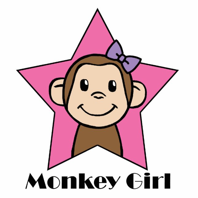 Cartoon Clip Art Smile Monkey Girl Pink Star Bow Staand Fotobeeldje (Voorkant)