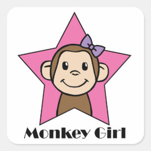 Cartoon Clip Art Smile Monkey Girl Pink Star Bow Vierkante Sticker