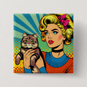 Cartoon Comic Pop Art Vrouwen die Kat vasthouden Vierkante Button 5,1 Cm