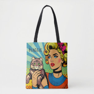 Cartoon Comic Pop Art Vrouwen en Kat Gepersonalis Tote Bag