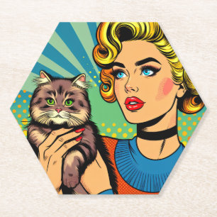 Cartoon Comic Pop Art Vrouwen met Kat Kartonnen Onderzetters