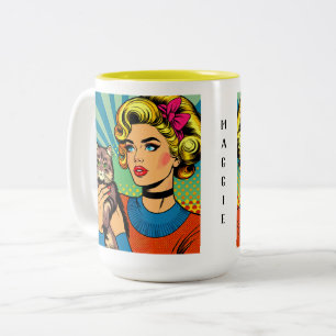 Cartoon Comic Pop Art Vrouwen met Kat Tweekleurige Koffiemok