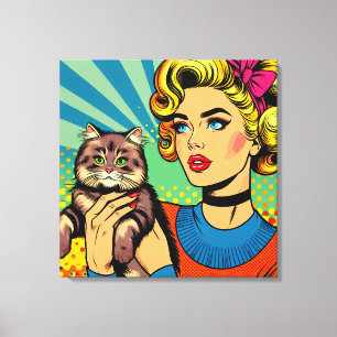 Cartoon Comic Pop Kunst Vrouwen Holding Cat Canvas Afdruk