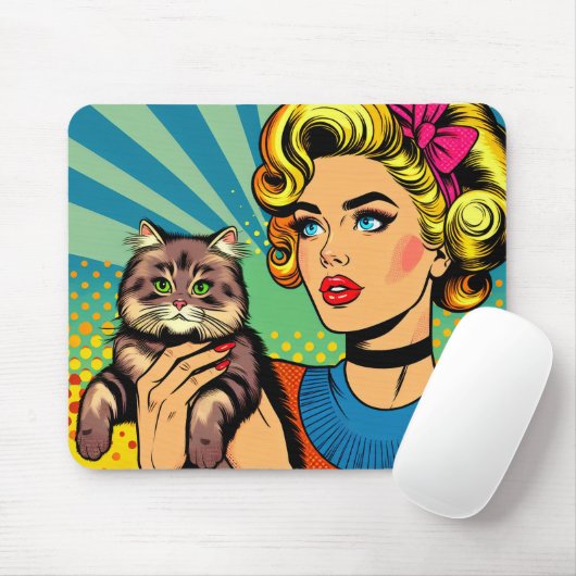 Cartoon Comic Pop Kunst Vrouwen Holding Cat Muismat (Met muis)