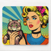 Cartoon Comic Pop Kunst Vrouwen Holding Cat Muismat (Voorkant)