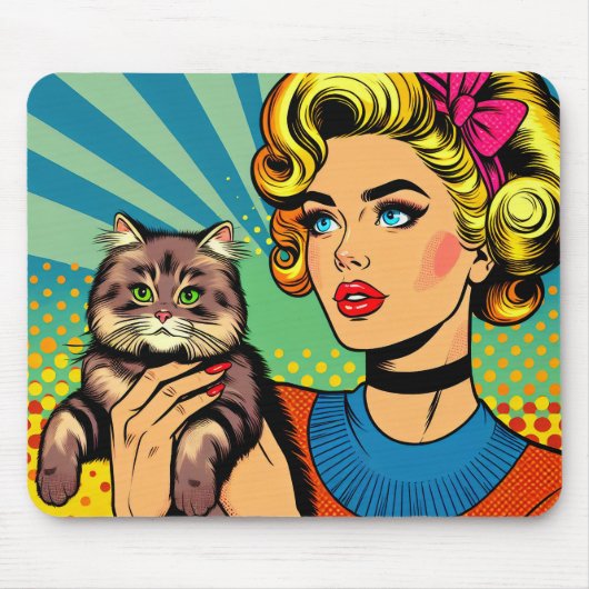 Cartoon Comic Pop Kunst Vrouwen Holding Cat Muismat (Voorkant)