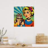 Cartoon Comic Pop Kunst Vrouwen Holding Cat Poster (Keuken)