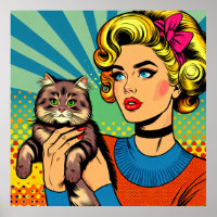 Cartoon Comic Pop Kunst Vrouwen Holding Cat