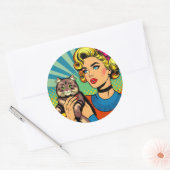Cartoon Comic Pop Kunst Vrouwen Holding Cat Ronde Sticker (Envelop)