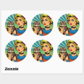 Cartoon Comic Pop Kunst Vrouwen Holding Cat Ronde Sticker (Vel)