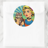 Cartoon Comic Pop Kunst Vrouwen Holding Cat Ronde Sticker (Tas)
