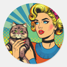 Cartoon Comic Pop Kunst Vrouwen Holding Cat Ronde Sticker
