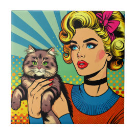 Cartoon Comic Pop Kunst Vrouwen Holding Cat Tegeltje